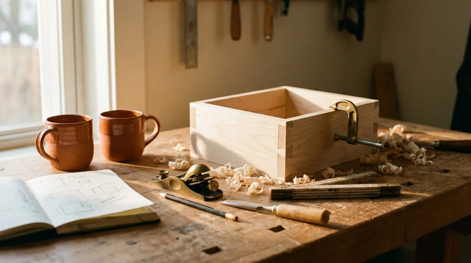 A workbench mid-build: a small dovetailed box held by a brass clamp, hand tools, wood shavings, a sketch notebook, and two terracotta mugs side by side