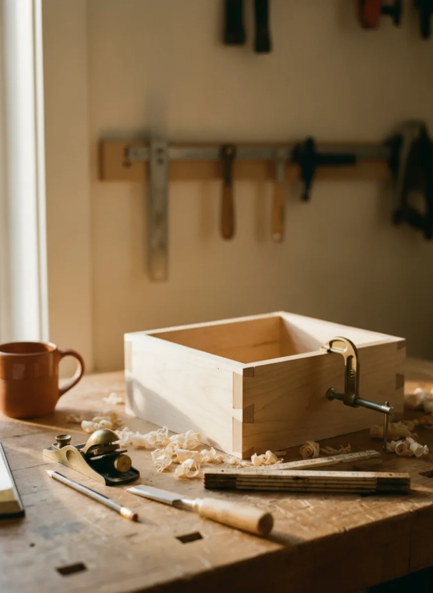 A small wooden box mid-build on a sunlit workbench, clamp still attached, shavings and hand tools around it