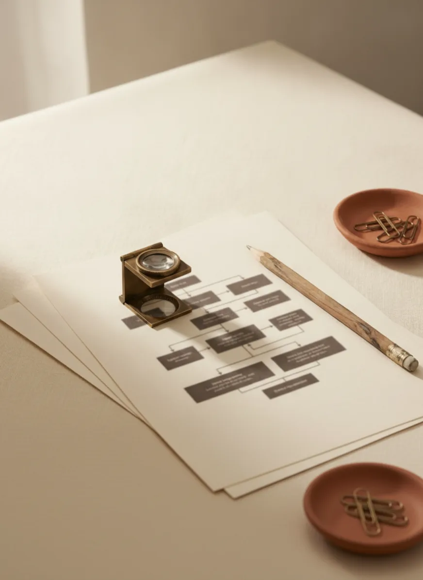 A brass loupe standing on sheets of printed diagrams next to a pencil and a terracotta dish of paperclips