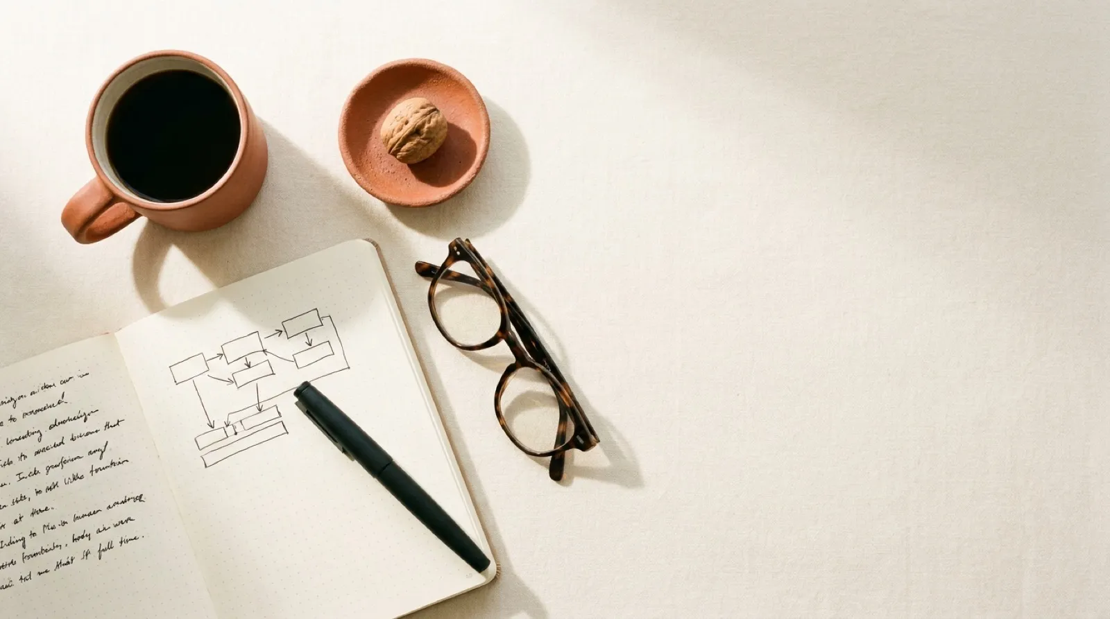 A Sunday-morning writing desk: coffee in a terracotta mug, an open notebook with a sketched diagram, and reading glasses on warm linen