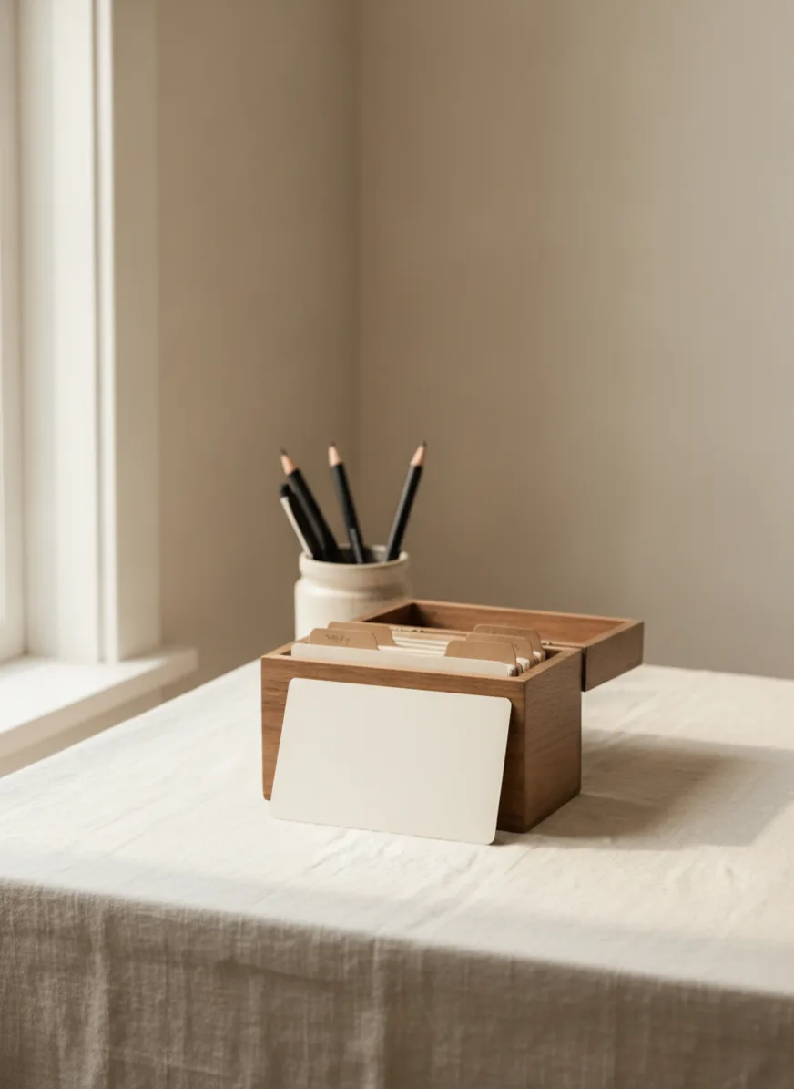 An open wooden recipe box of blank index cards on a linen-covered desk, one card propped against the front